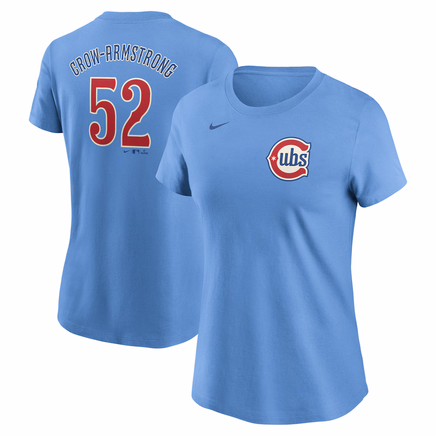 Women's Chicago Cubs Pete Crow-Armstrong Nike Baby Blue Fuse Name & Number T-Shirt