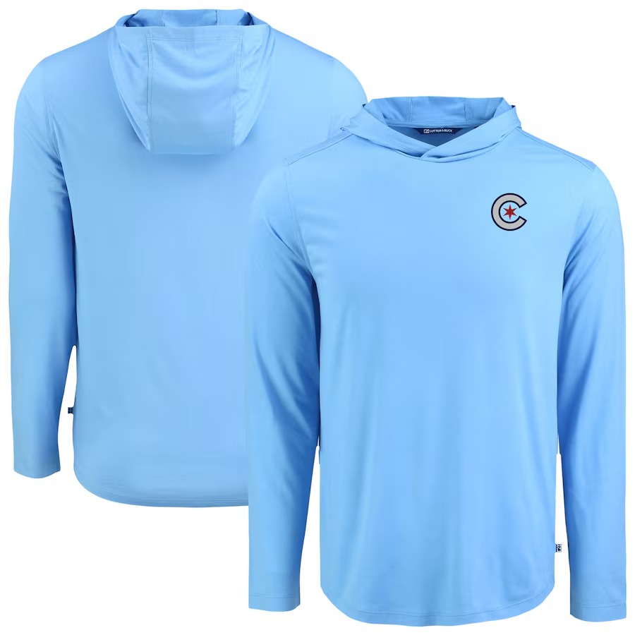 Men's Chicago Cubs Cutter & Buck Powder Blue Coastline Epic Comfort Recycled Eco Hoodie Long Sleeve T-Shirt