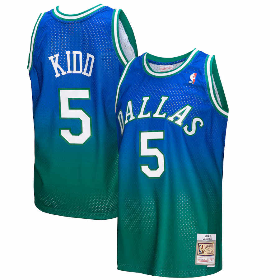 Men's Dallas Mavericks Jason Kidd Mitchell & Ness Green/Navy 1994/95 Hardwood Classics Fadeaway Swingman Player Jersey