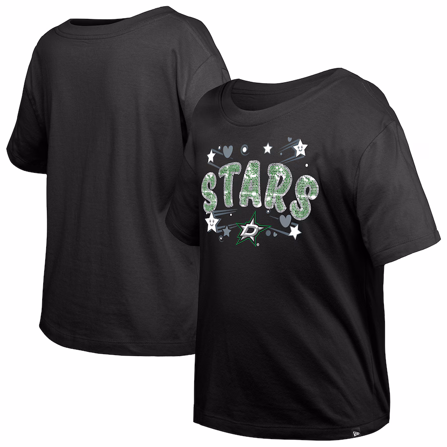 Girl's Youth Dallas Stars New Era Black Flip Sequin T-Shirt