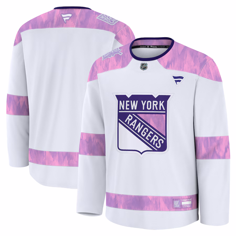 Men's New York Rangers Fanatics White 2024 Hockey Fights Cancer Practice Jersey