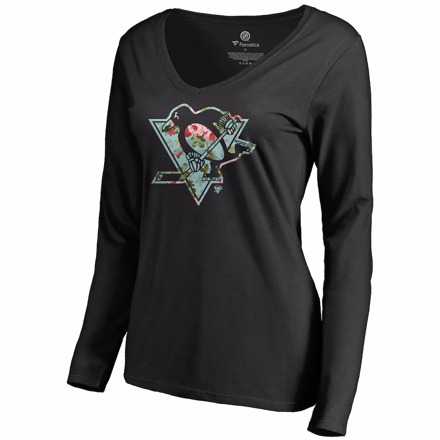 Women's Pittsburgh Penguins Black Lovely Long Sleeve V-Neck T-Shirt