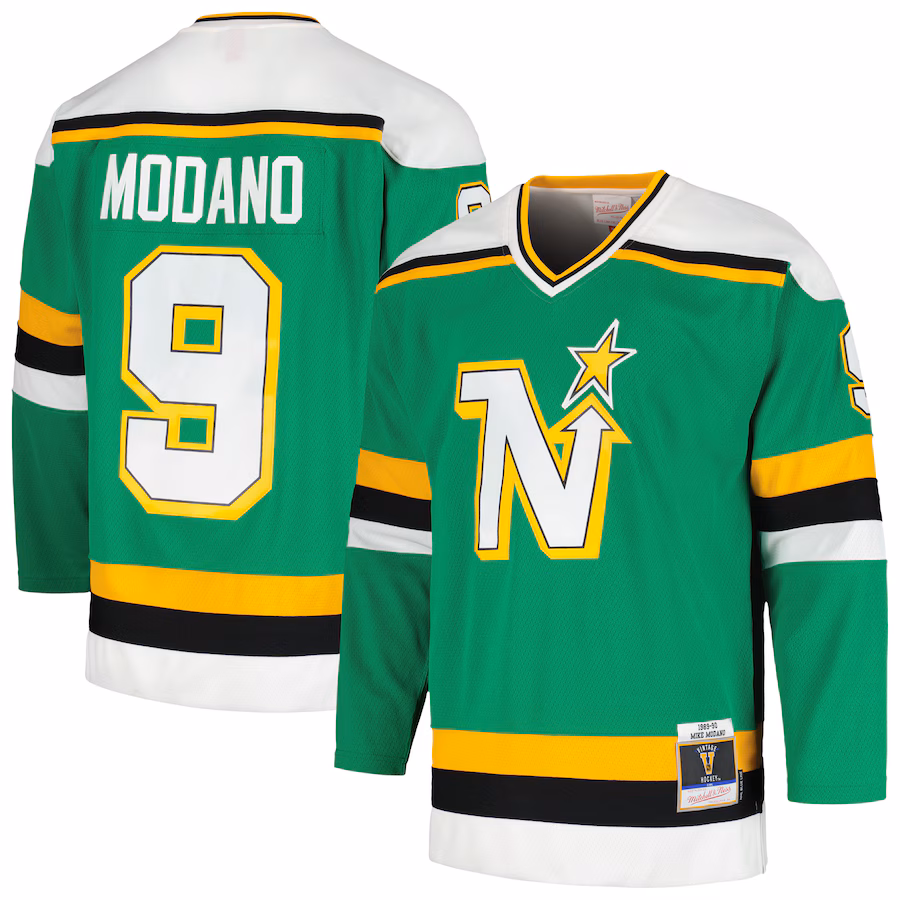 Men's Minnesota North Stars Mike Modano Mitchell & Ness Kelly Green Men's 1989/90 Blue Line Player Jersey