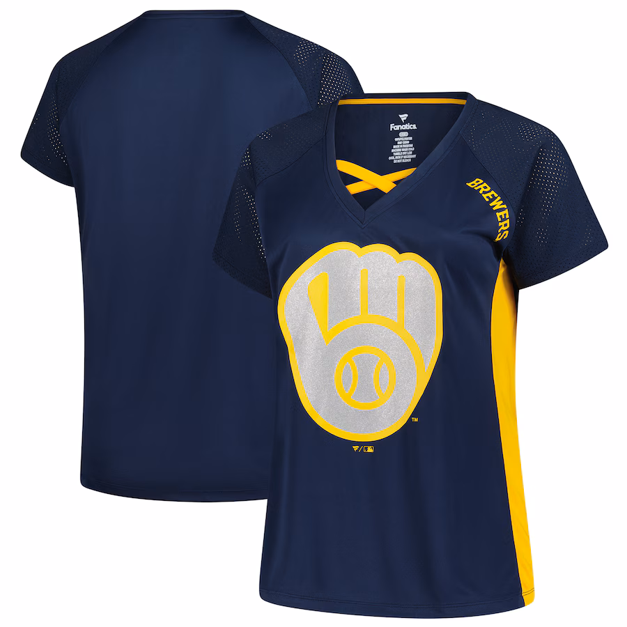 Women's Milwaukee Brewers Profile Navy Glitter Raglan V-Neck T-Shirt
