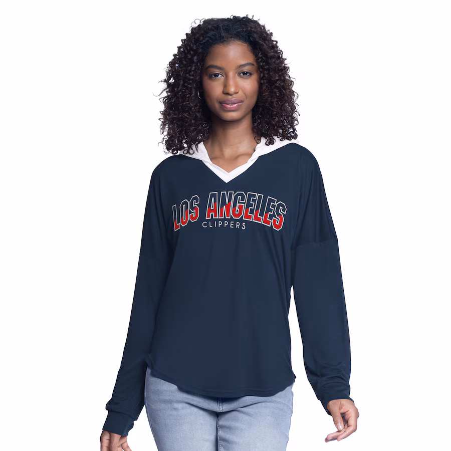 Women's LA Clippers G-III 4Her by Carl Banks Navy Bench Player Oversized Long Sleeve Hooded Top