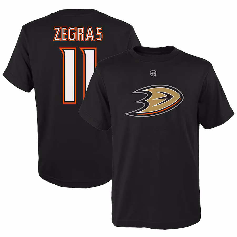 Youth Anaheim Ducks Trevor Zegras Black Player Name & Number T-Shirt