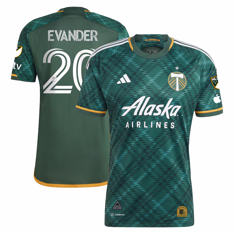 Men's Portland Timbers Evander adidas Green 2023 Portland Plaid Kit Authentic Jersey