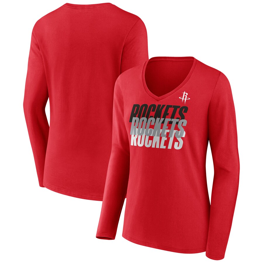 Women's Houston Rockets  Fanatics Red Iconic Tumble Long Sleeve V-Neck T-Shirt