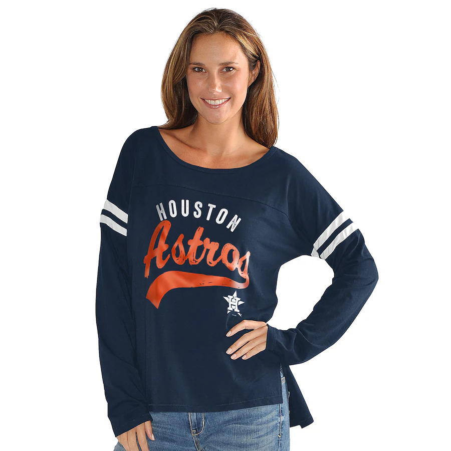 Women's Houston Astros G-III 4Her by Carl Banks Navy Free Agent Distressed Long Sleeve Scoop Neck T-Shirt