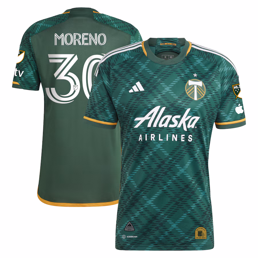 Men's Portland Timbers Santiago Moreno adidas Green 2023 Portland Plaid Kit Authentic Jersey