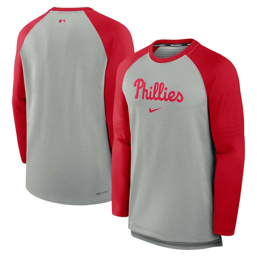 Men's Philadelphia Phillies Nike Heather Gray/Red Authentic Collection Game Time Raglan Performance Long Sleeve T-Shirt