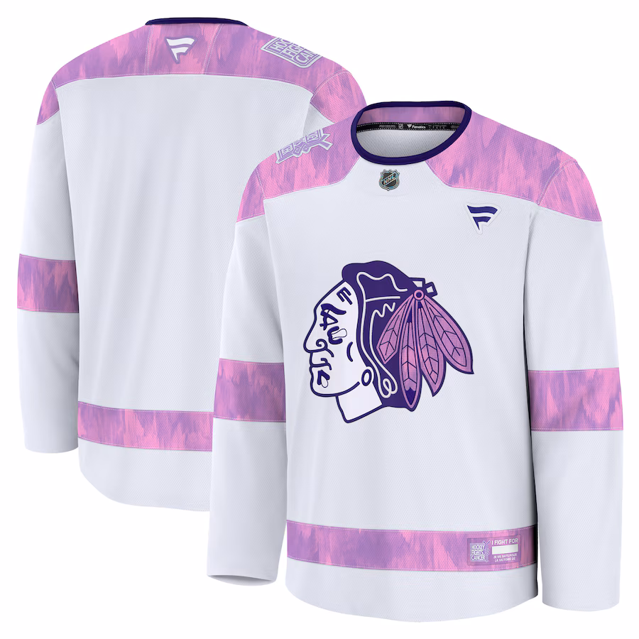 Men's Chicago Blackhawks Fanatics White 2024 Hockey Fights Cancer Practice Jersey