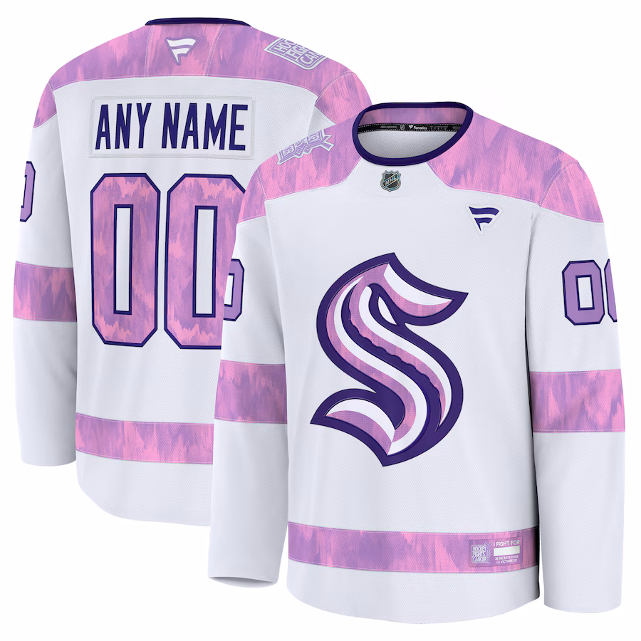 Men's Seattle Kraken Fanatics White 2024 Hockey Fights Cancer Custom Practice Jersey