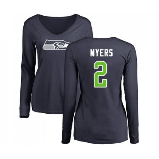 Football Women's Seattle Seahawks #2 Jason Myers Navy Blue Name & Number Logo Long Sleeve T-Shirt
