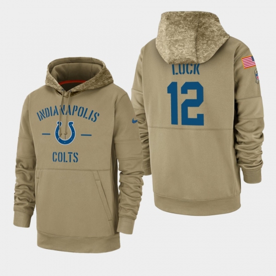 Men's Indianapolis Colts #12 Andrew Luck 2019 Salute to Service Sideline Therma Pullover Hoodie - Tan