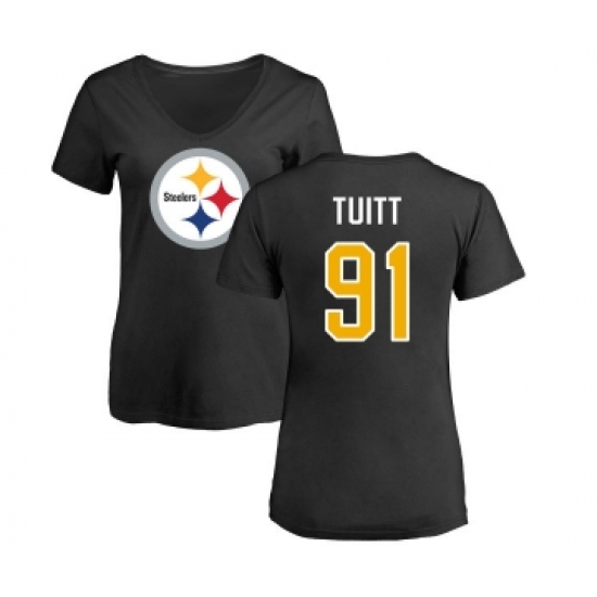 Football Women's Pittsburgh Steelers #91 Stephon Tuitt Black Name & Number Logo Slim Fit T-Shirt