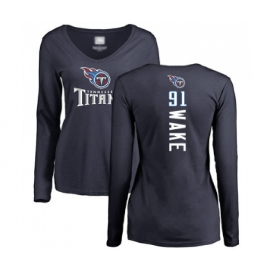 Football Women's Tennessee Titans #91 Cameron Wake Navy Blue Backer Long Sleeve T-Shirt