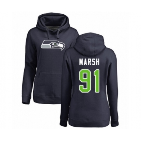 Football Women's Seattle Seahawks #91 Cassius Marsh Navy Blue Name & Number Logo Pullover Hoodie
