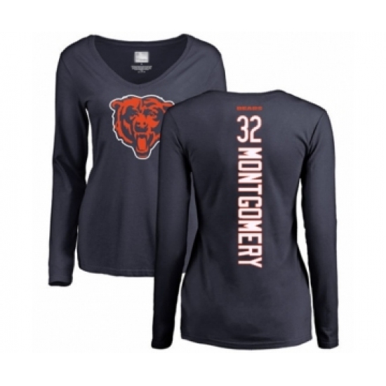 Football Women's Chicago Bears #32 David Montgomery Navy Blue Backer Long Sleeve T-Shirt