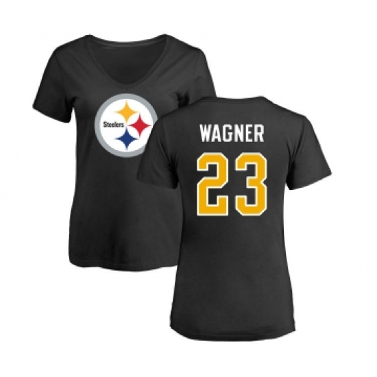 Football Women's Pittsburgh Steelers #23 Mike Wagner Black Name & Number Logo Slim Fit T-Shirt
