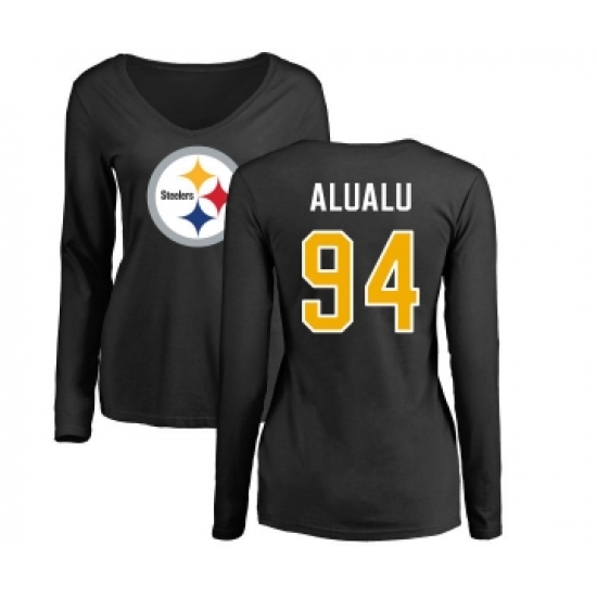 Football Women's Pittsburgh Steelers #94 Tyson Alualu Black Name & Number Logo Slim Fit Long Sleeve T-Shirt