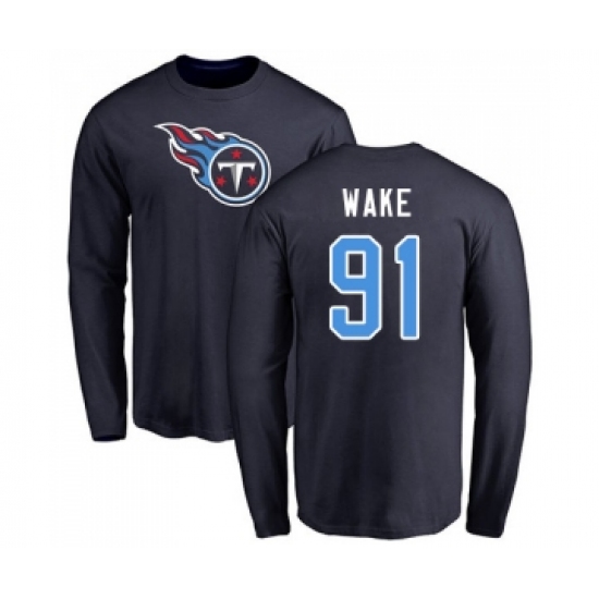 Football Tennessee Titans #91 Cameron Wake Navy Blue Name & Number Logo Long Sleeve T-Shirt