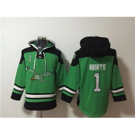 Mens Philadelphia Eagles #1 Jalen Hurts Green Ageless Must-Have Lace-Up Pullover Hoodie
