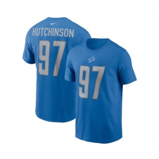 Men's Detroit Lions #97 Aidan Hutchinson 2022 Blue NFL Draft First Round Pick Player Name & Number T-Shirt