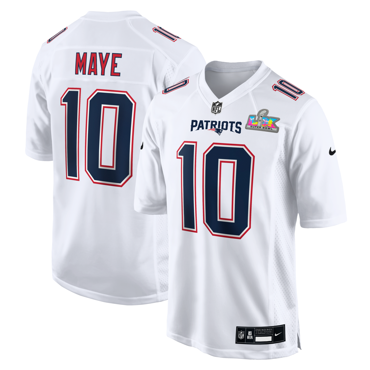 Men's New England Patriots Drake Maye Nike White Super Bowl LX Patch Tundra Fashion Game Jersey