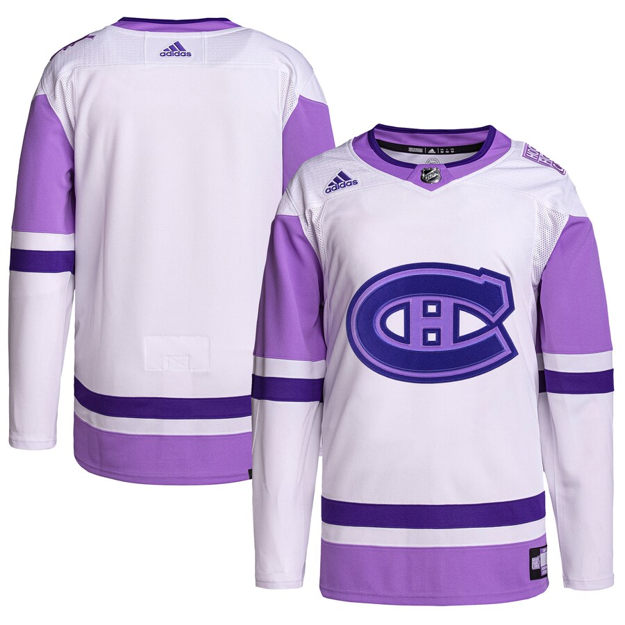 Men's Montreal Canadiens adidas White/Purple Hockey Fights Cancer Primegreen Authentic Blank Practice Jersey - Ujersey
