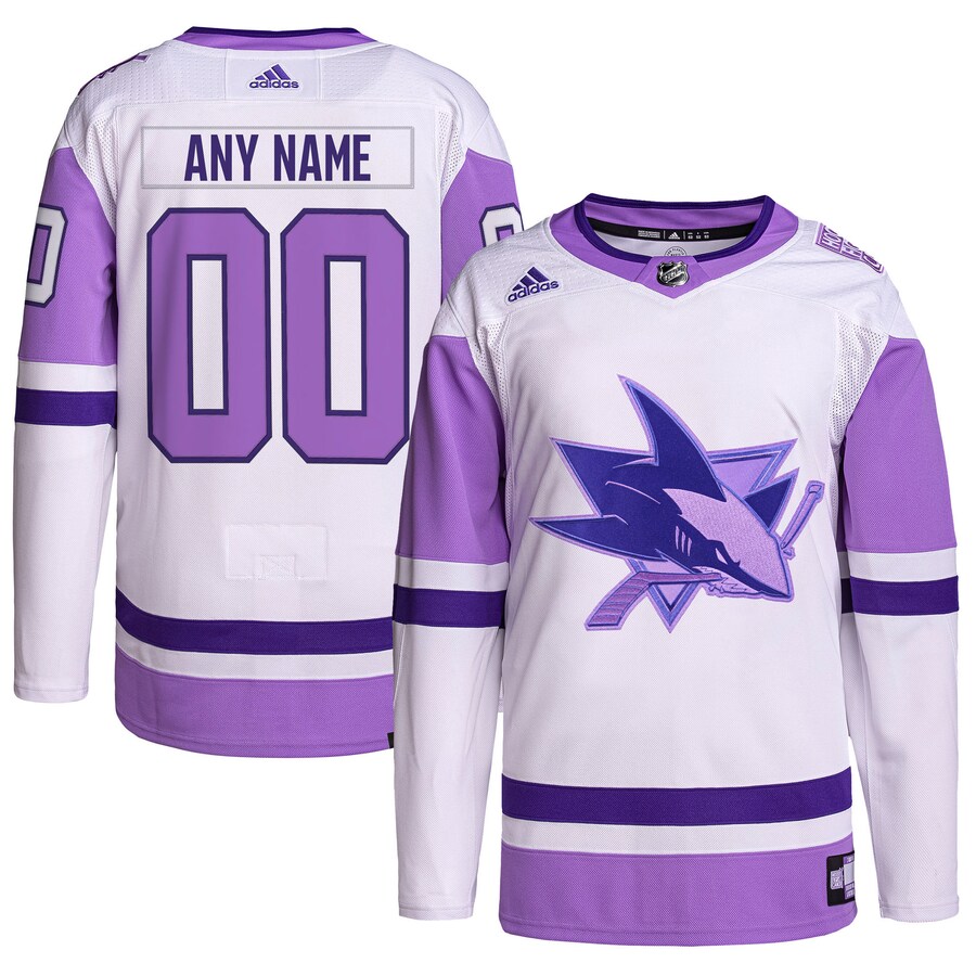 Men's San Jose Sharks adidas White/Purple Hockey Fights Cancer Primegreen Authentic Custom Jersey - Ujersey