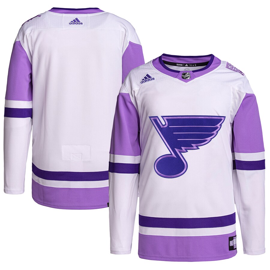 Men's St. Louis Blues adidas White/Purple Hockey Fights Cancer Primegreen Authentic Blank Practice Jersey - Ujersey