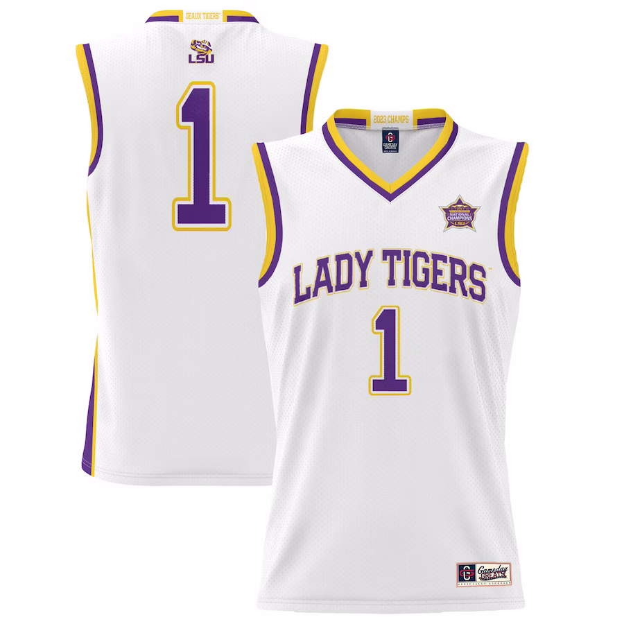 LSU Tigers GameDay Greats 2023 NCAA Women's Basketball National Champions Lightweight Basketball Jersey - White - Ujersey