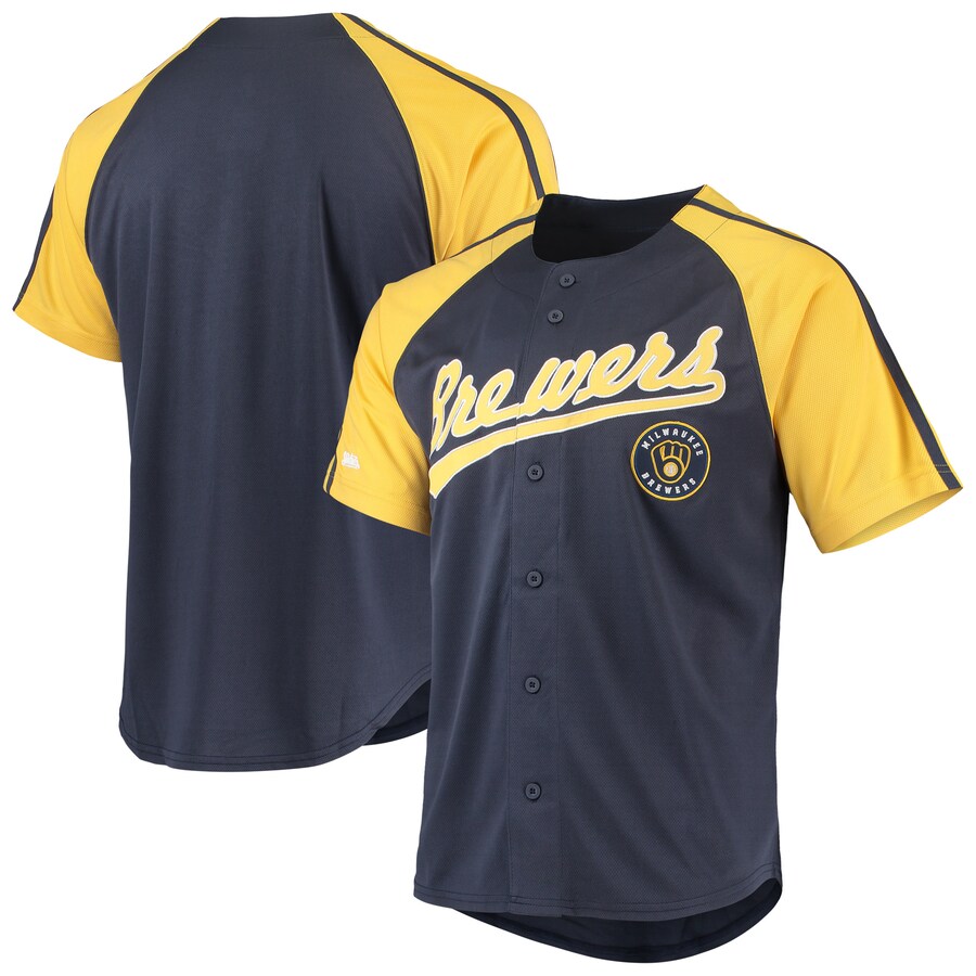 Men's Milwaukee Brewers Stitches Navy Button-Down Raglan Replica Jersey - Ujersey