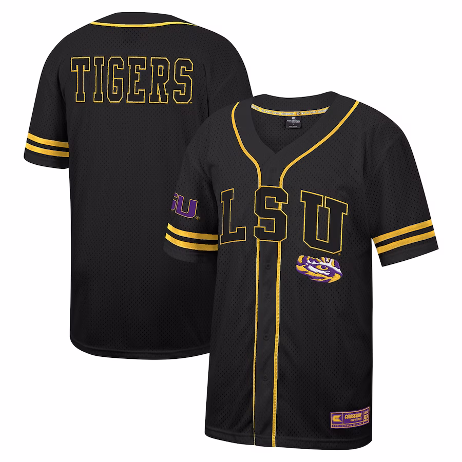 LSU Tigers Colosseum Free Spirited Mesh Button-Up Baseball Jersey - Black - Ujersey