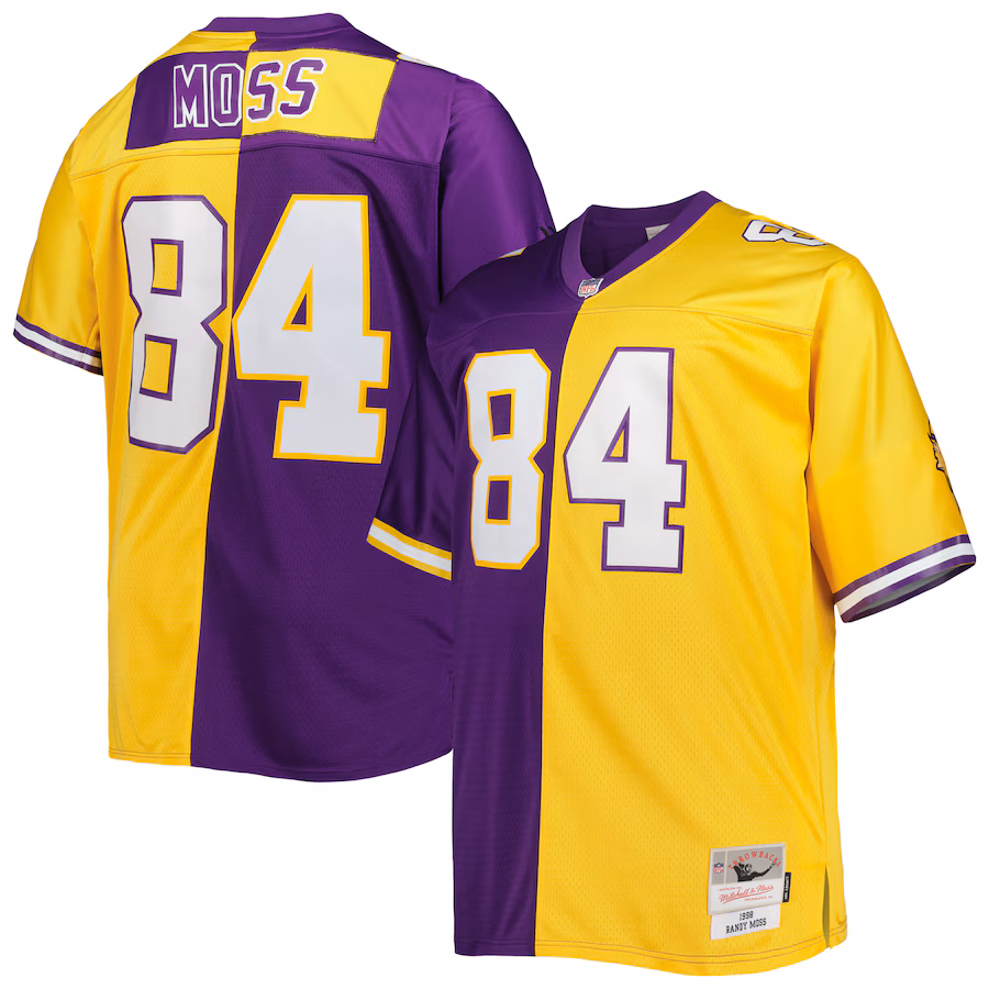 Men's Minnesota Vikings Randy Moss Mitchell & Ness Purple/Gold Big & Tall Split Legacy Retired Player Replica Jersey - Ujersey