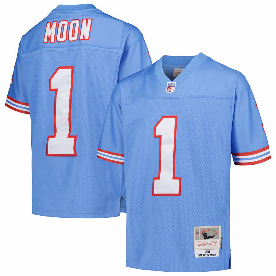 Youth Houston Oilers Warren Moon Mitchell & Ness Light Blue Gridiron Classics 1993 Retired Player Legacy Jersey - Ujersey
