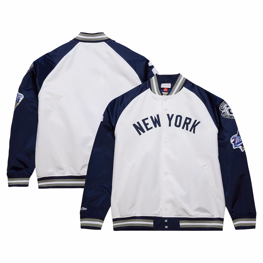 Men's New York Yankees Derek Jeter Mitchell & Ness White/Navy Cooperstown Collection Legends Lightweight Satin Raglan Full-Snap Jacket - Ujersey