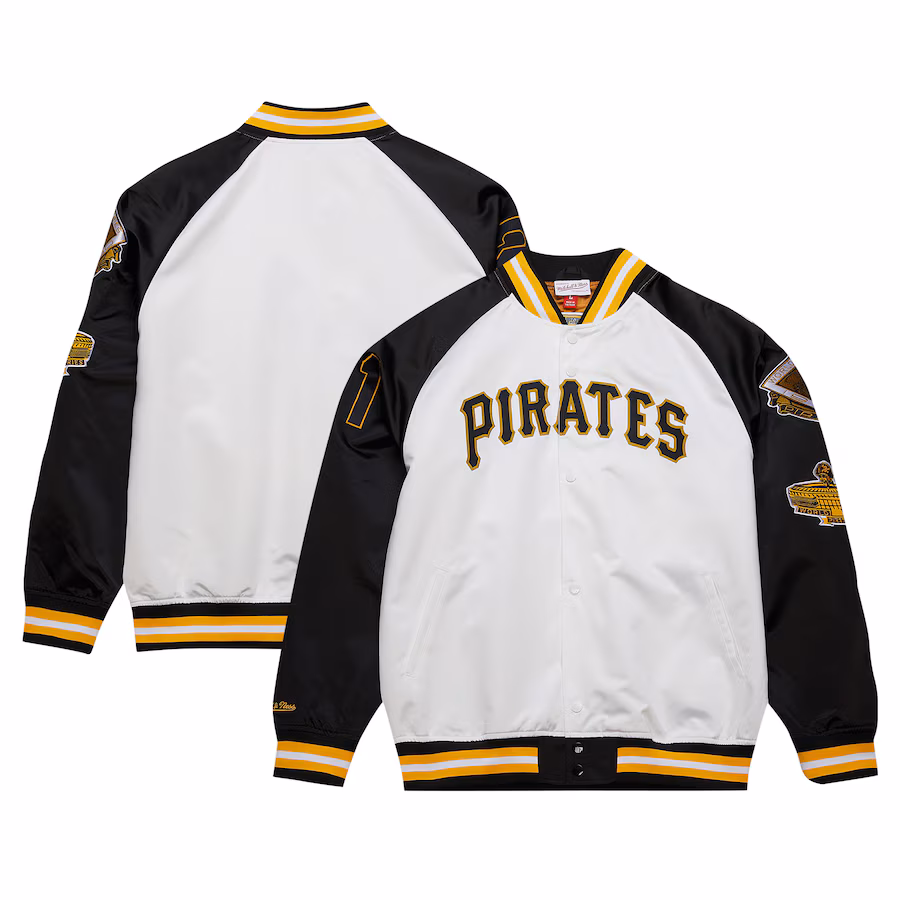 Men's Pittsburgh Pirates Roberto Clemente Mitchell & Ness White/Black Cooperstown Collection Legends Lightweight Satin Raglan Full-Snap Jacket - Ujersey