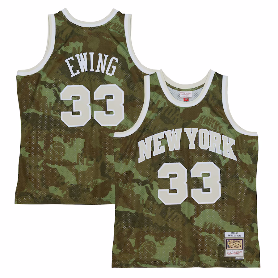 Men's New York Knicks Patrick Ewing Mitchell & Ness Camo Hardwood Classics 1991/92 Ghost Green Swingman Jersey - Ujersey