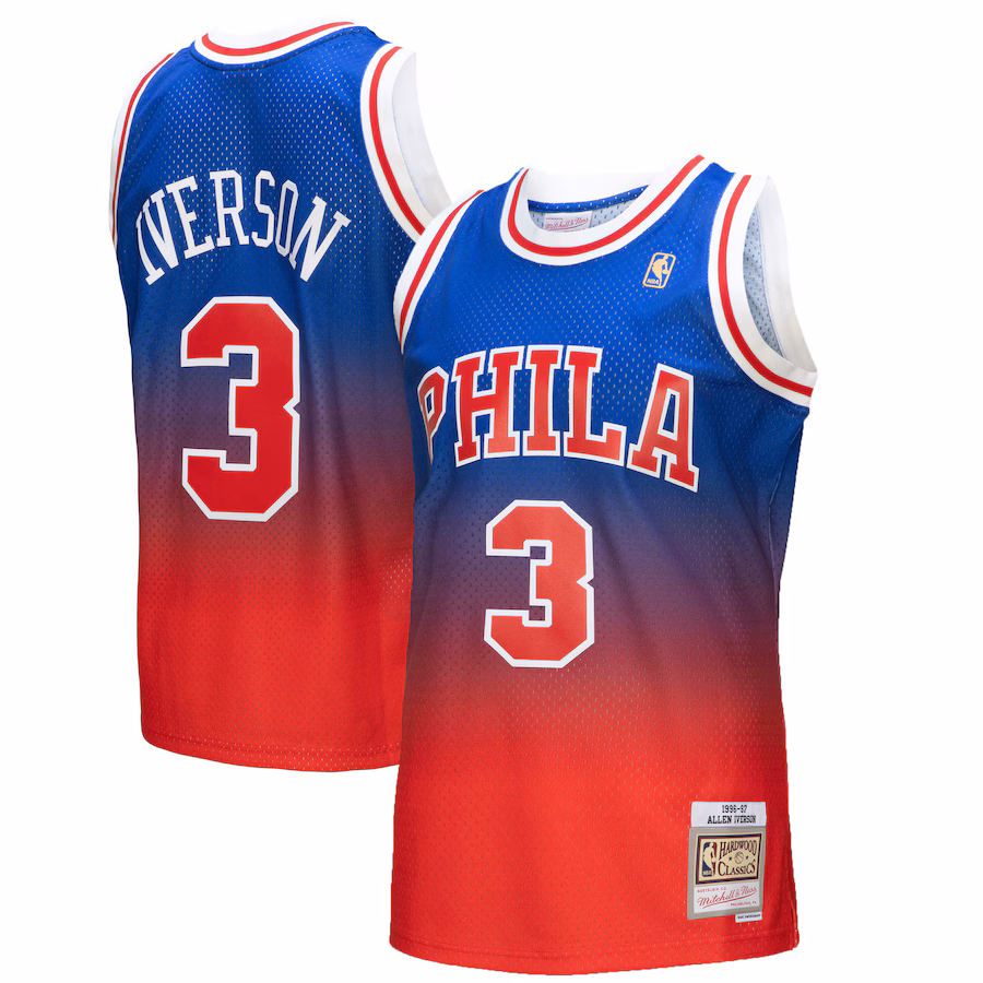 Men's Philadelphia 76ers Allen Iverson Mitchell & Ness Red/Royal 1996/97 Hardwood Classics Fadeaway Swingman Player Jersey - Ujersey