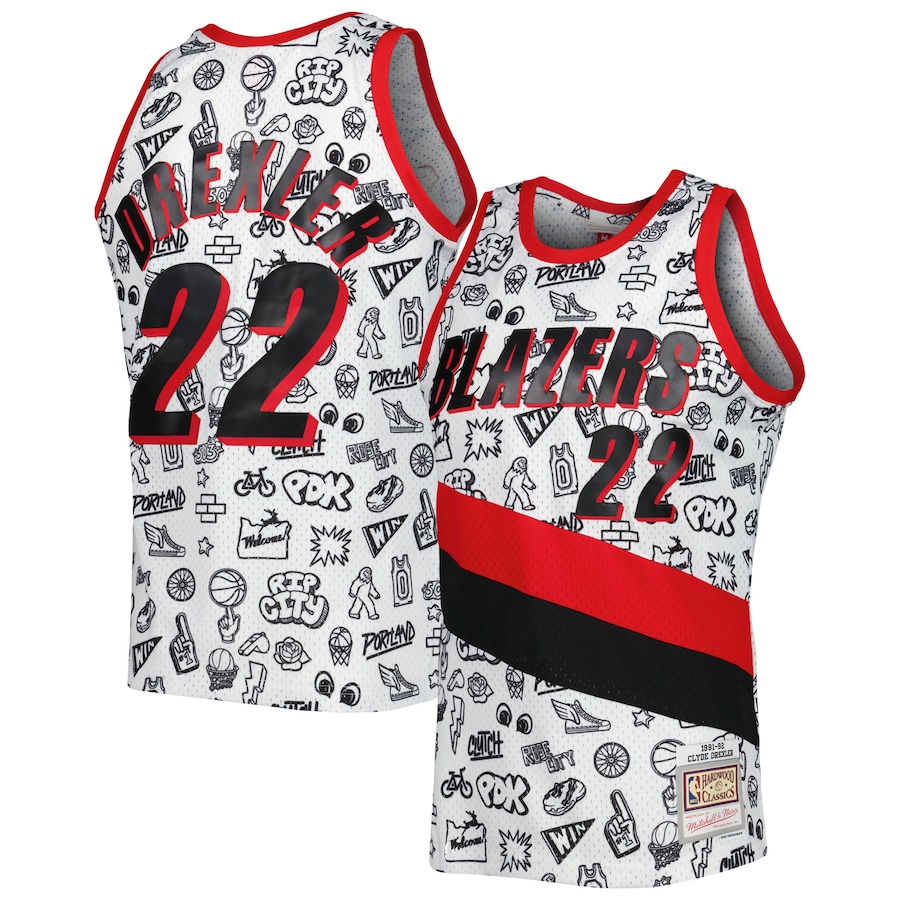 Men's Portland Trail Blazers Clyde Drexler Mitchell & Ness White 1991-92 Hardwood Classics Doodle Swingman Jersey - Ujersey