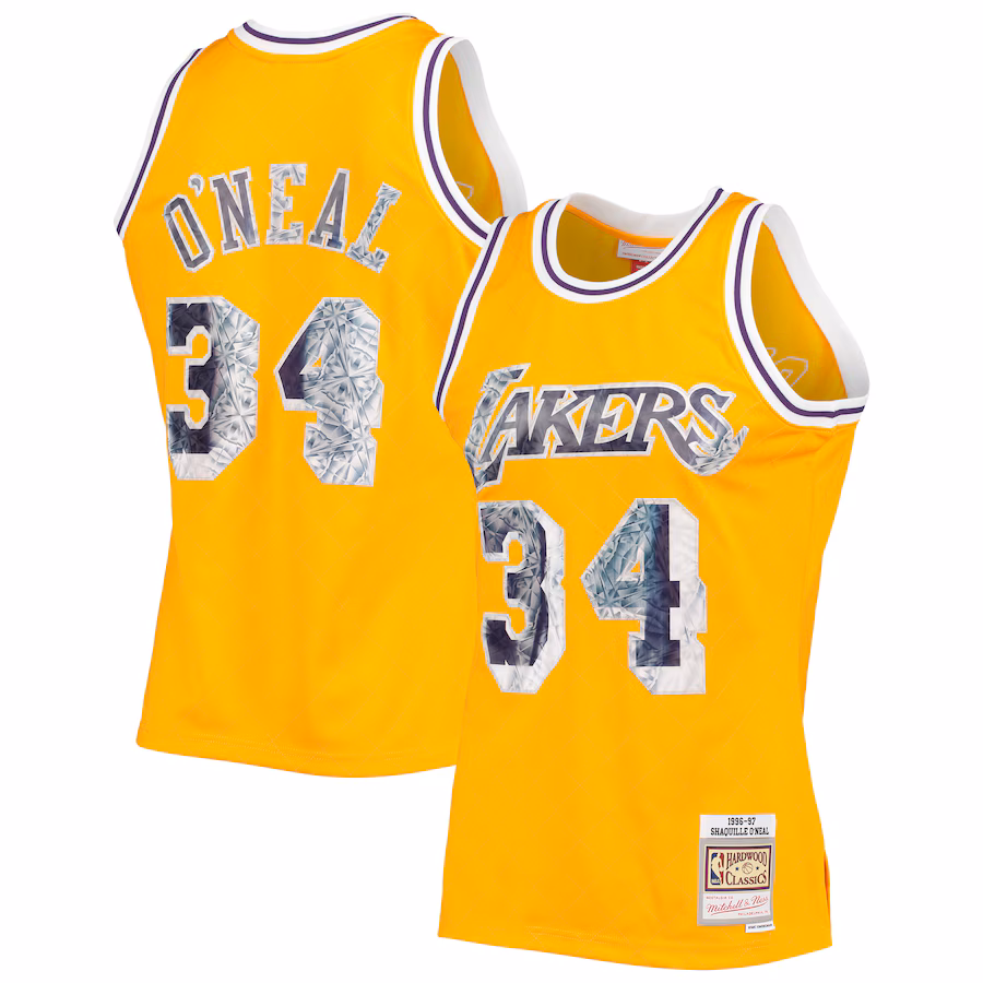 Men's Los Angeles Lakers Shaquille O'Neal Mitchell & Ness Gold 1996-97 Hardwood Classics NBA 75th Anniversary Diamond Swingman Jersey - Ujersey