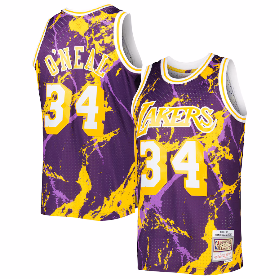 Men's Los Angeles Lakers Shaquille O'Neal Mitchell & Ness Purple 1996/97 Hardwood Classics Marble Swingman Jersey - Ujersey