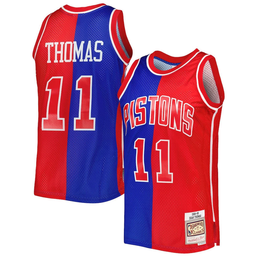 Men's Detroit Pistons Isiah Thomas Mitchell & Ness Blue/Red Hardwood Classics 1988/89 Split Swingman Jersey - Ujersey