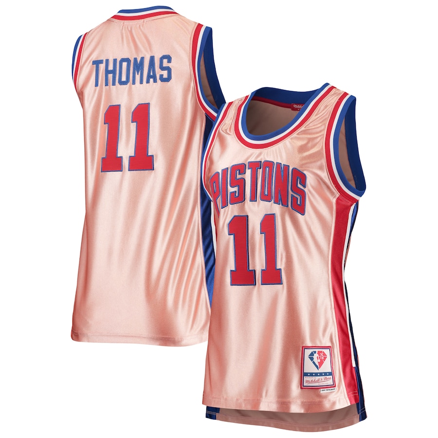 Women's Detroit Pistons Isiah Thomas Mitchell & Ness Pink 75th Anniversary Rose Gold 1982 Swingman Jersey - Ujersey
