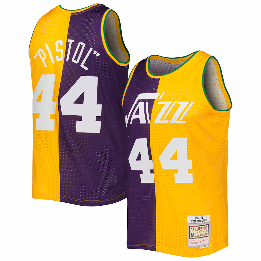 Men's New Orleans Jazz Pete Maravich Mitchell & Ness Purple/Yellow Hardwood Classics 1974/75 Split Swingman Jersey - Ujersey