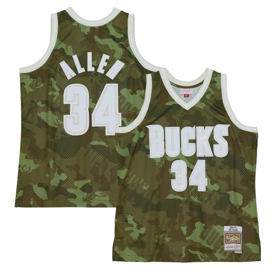 Men's Milwaukee Bucks Ray Allen Mitchell & Ness Camo Hardwood Classics 2000/01 Ghost Green Swingman Jersey - Ujersey
