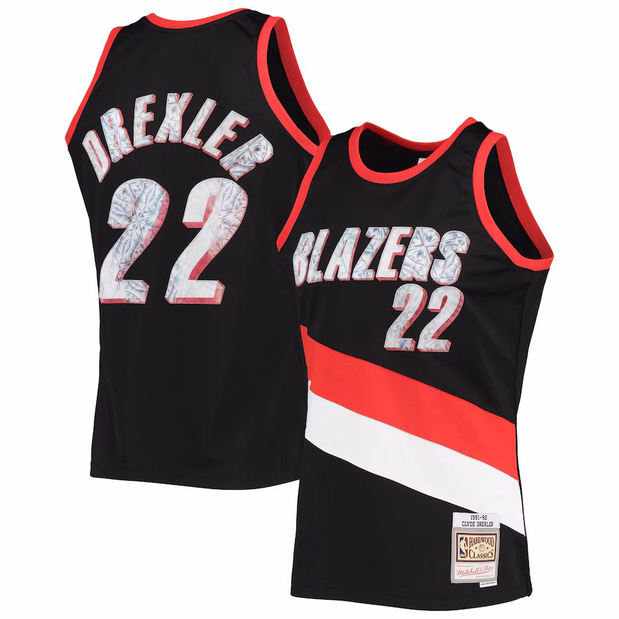 Men's Portland Trail Blazers Clyde Drexler Mitchell & Ness Black 1991/92 Hardwood Classics NBA 75th Anniversary Diamond Swingman Jersey - Ujersey