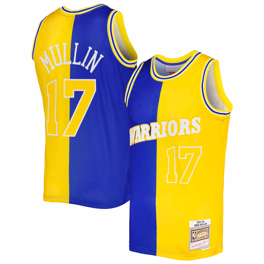 Men's Golden State Warriors Chris Mullin Mitchell & Ness Royal/Gold Hardwood Classics 1993/94 Split Swingman Jersey - Ujersey